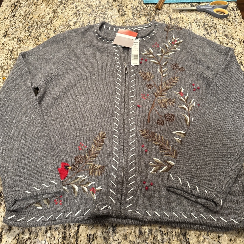 Croft and Barrow Winter Theme Sweater Cardinal Xl Petite New Holiday  Zipper